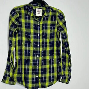 SO S Plaid Flannel Shirt Green Navy Blue White Polka Dot So Soft